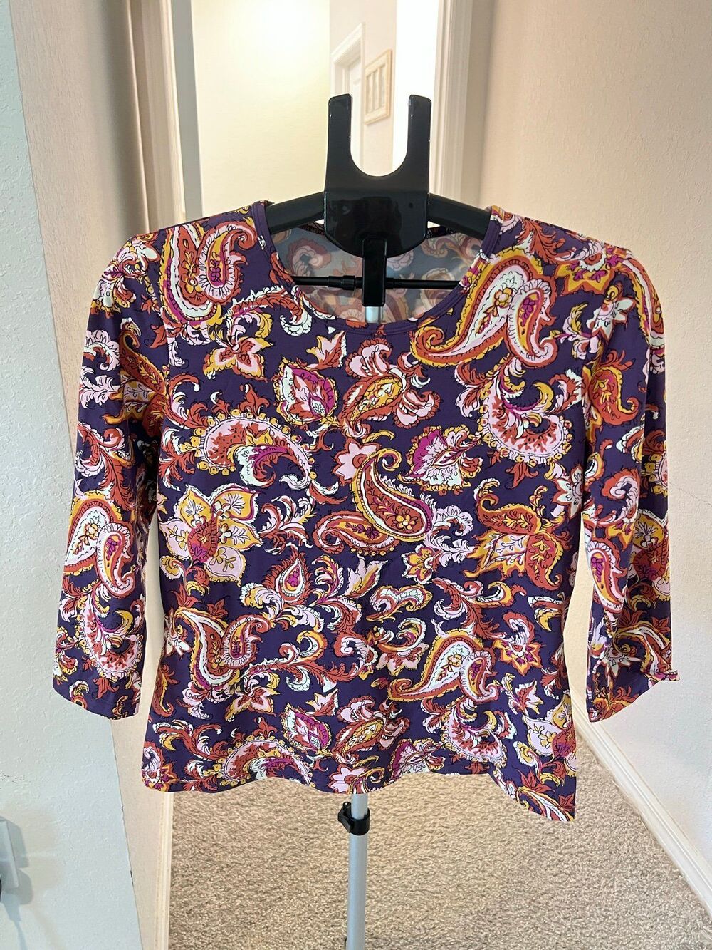 J. McLaughlin 3/4 Sleeve Catalina Cloth Paisley Patterned Stretch Blouse Size L